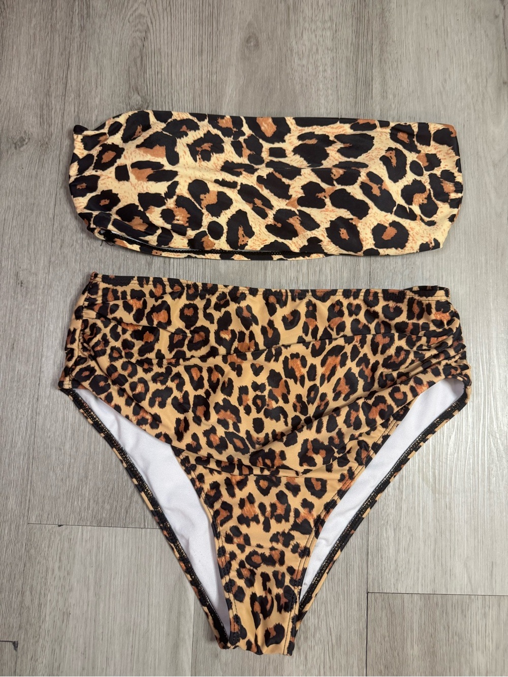 Leopard Swim Set Bandeau Bikini High Waist Cut Bottoms. Lightly Padded Top Large